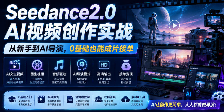Seedance2.0 AI视频创作实战，从新手到AI导演，0基础也能成片接单变现-淘金日记
