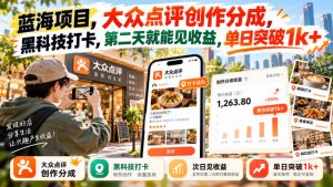 蓝海项目,大众点评创作分成,黑科技打卡,第二天就能见收益,单日突破1k+【揭秘】-淘金日记