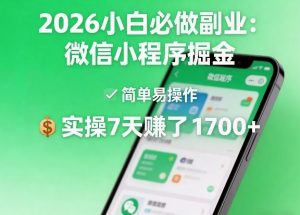 2026小白必做副业:微信小程序掘金,简单易操作,实操7天賺了1700+【揭秘】-淘金日记