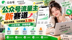 公众号流量主新赛道,转发点赞高,10天收益3.5k+小白可做,详细拆解-淘金日记