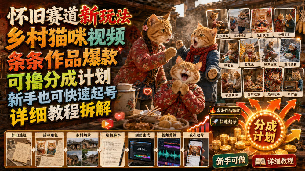 怀旧赛道新玩法，乡村猫咪视频，条条作品爆款，可撸分成计划，新手也可快速起号，详细教程拆解-淘金日记
