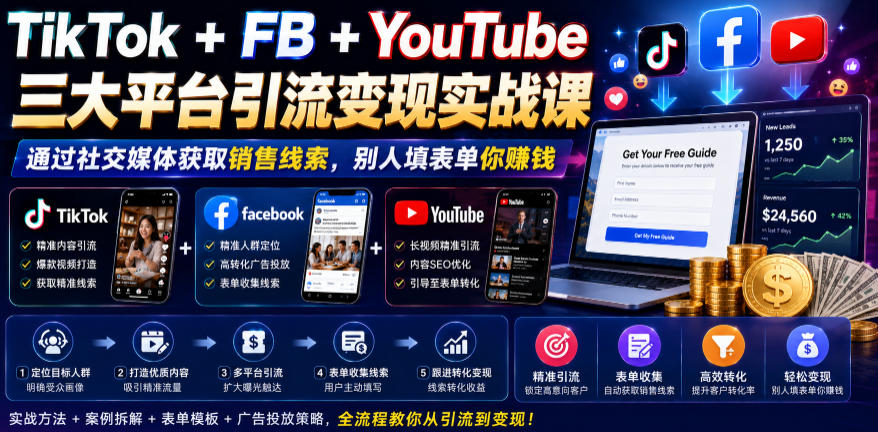 TikTok+FB+YouTube三大平台引流变现实战课，通过社交媒体获取销售线索，别人填表单你賺钱【原创双语字幕】-淘金日记