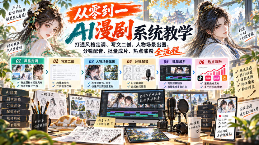 从零到一AI漫剧系统教学，打通风格定调、写文二创、人物场景出图、分镜配音、批量成片、热点涨粉全流程-淘金日记