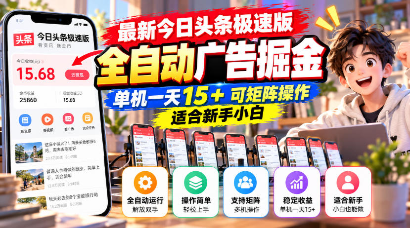 最新今日头条极速版全自动广告掘金，单机一天15+可矩阵操作适合新手小白-淘金日记