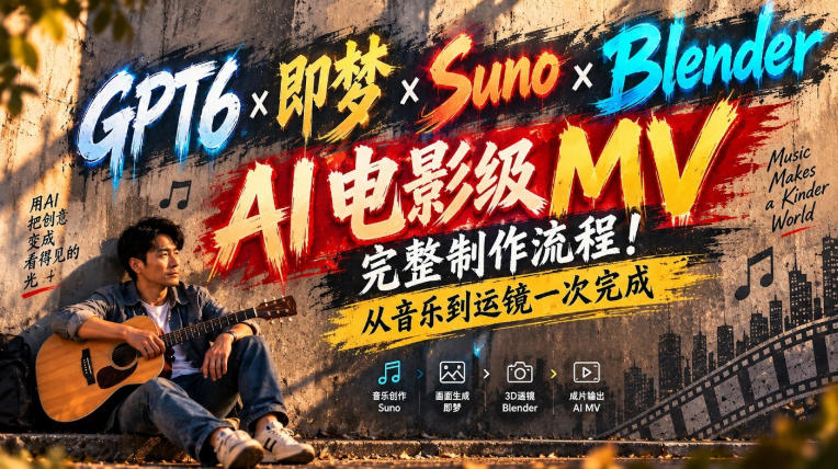 GPT6×即梦×Suno×Blender｜AI电影级MV完整制作流程！从音乐到运镜一次完成！-淘金日记