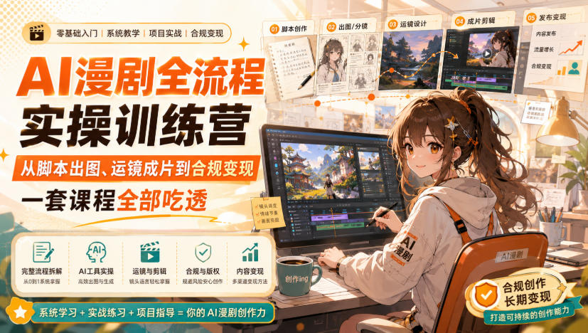 AI漫剧全流程实操训练营，从脚本出图、运镜成片到合规变现，一套课程全部吃透-淘金日记