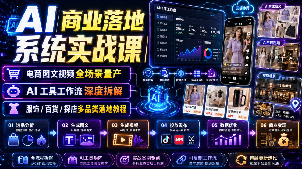 AI商业落地系统实战课｜电商图文视频全场景量产・AI工具工作流深度拆解・服饰/百货/探店多品类落地教程-淘金日记