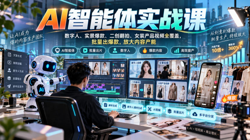 AI智能体实战课，数字人、实景爆款、二创翻拍、女装产品视频全覆盖，批量出爆款，放大内容产能-淘金日记