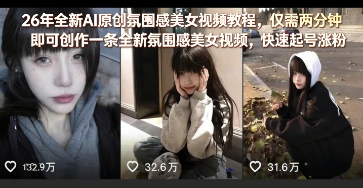 26年全新AI原创氛围感美女视频教程，仅需两分钟即可创作一条全新氛围感美女视频，快速起号涨粉-淘金日记
