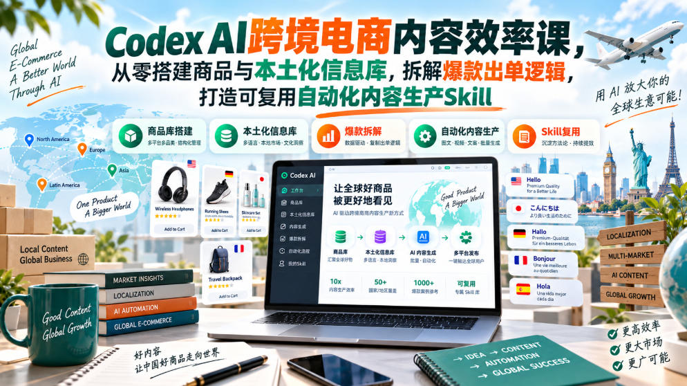 Codex AI跨境电商内容效率课，从零搭建商品与本土化信息库，拆解爆款出单逻辑，打造可复用自动化内容生产Skill-淘金日记