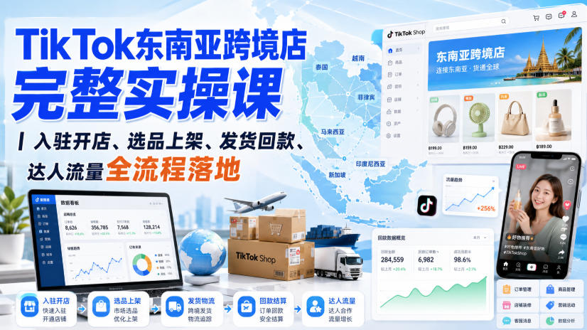 TikTok东南亚跨境店完整实操课｜入驻开店、选品上架、发货回款、达人流量全流程落地-淘金日记