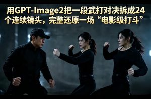 用GPT-Image2把一段武打对决拆成24个连续镜头,完整还原一场“电影级打斗”-淘金日记
