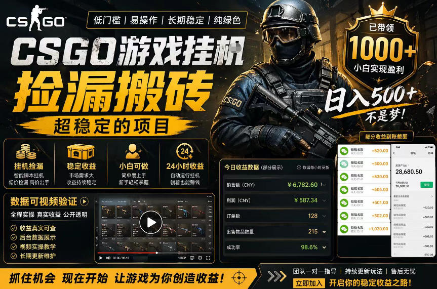 CSGO游戏搬砖，全自动挂G，不需要玩游戏，手机操作日入300+，解放双手【揭秘】-淘金日记