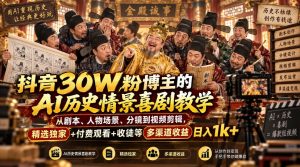 抖音30W粉博主的AI历史情景喜剧教学,从剧本、人物场景、分镜到视频剪辑,精选独家+付费观看+收徒等多渠道收益日入1k+-淘金日记
