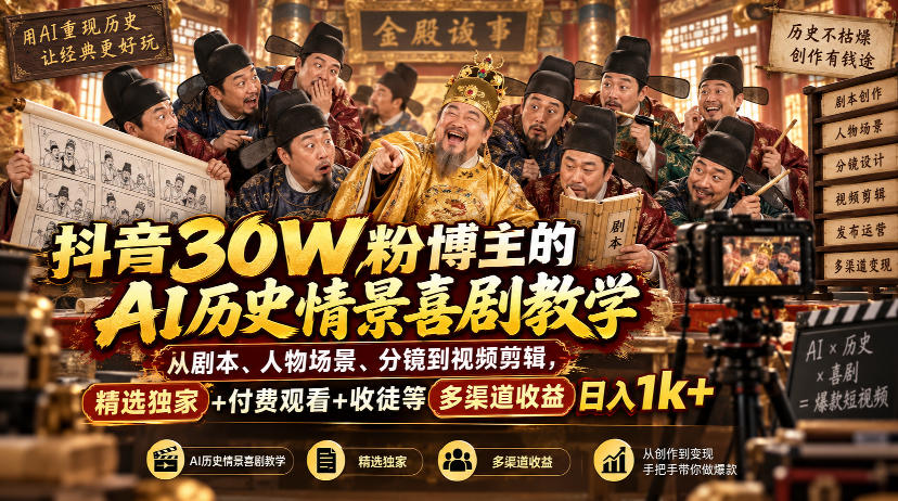 抖音30W粉博主的AI历史情景喜剧教学，从剧本、人物场景、分镜到视频剪辑，精选独家+付费观看+收徒等多渠道收益日入1k+-淘金日记