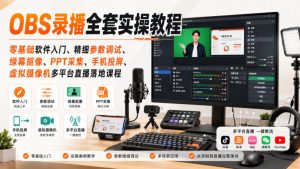 OBS录播全套实操教程｜零基础软件入门、精细参数调试、绿幕抠像、手机投屏、虚拟摄像机多平台直播落地课程-淘金日记