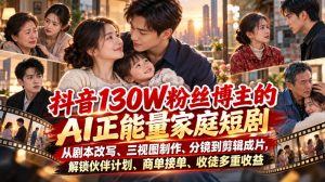 抖音130W粉丝博主的AI正能量家庭短剧，从剧本改写、三视图制作、分镜到剪辑成片，解锁伙伴计划、商单接单、收徒多重收益-淘金日记