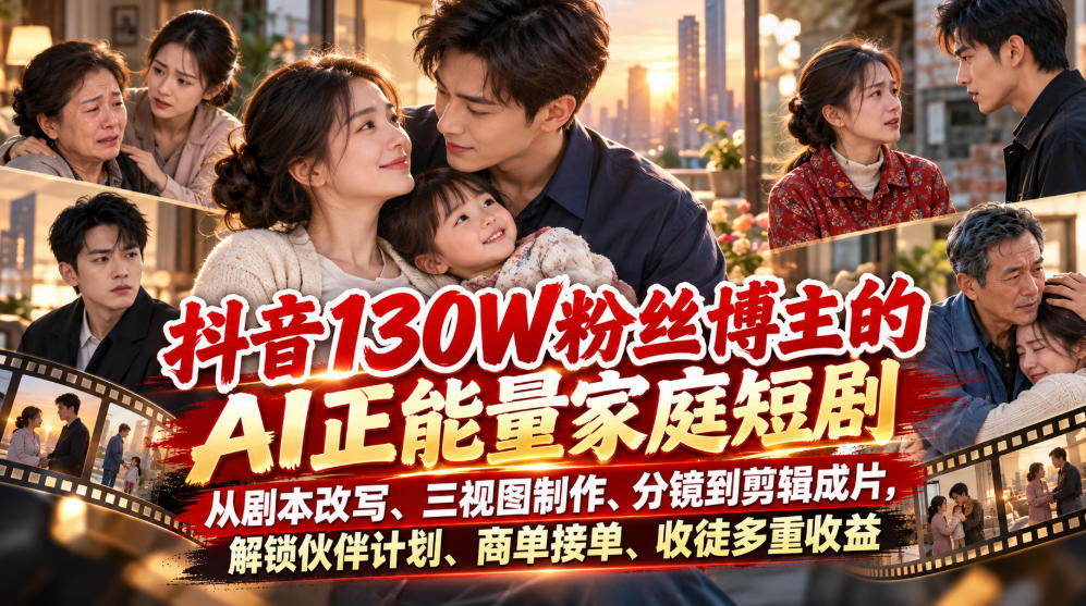 抖音130W粉丝博主的AI正能量家庭短剧，从剧本改写、三视图制作、分镜到剪辑成片，解锁伙伴计划、商单接单、收徒多重收益-淘金日记