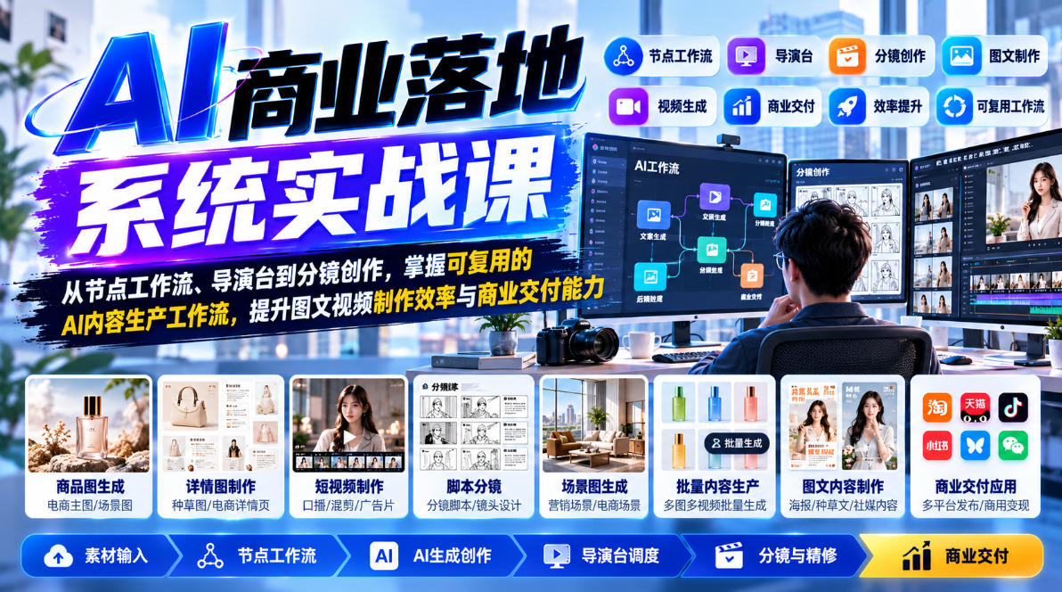 【无水印】AI商业落地系统实战课，从节点工作流、导演台到分镜创作，掌握可复用的AI内容生产工作流，提升图文视频制作效率与商业交付能力-淘金日记
