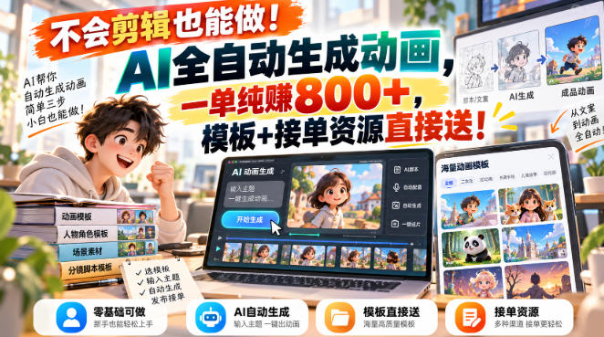 不会剪辑也能做！AI全自动生成动画，一单纯賺800+，模板+接单资源直接送！【揭秘】-淘金日记