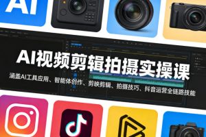 AI视频剪辑拍摄实操课，涵盖AI工具应用、智能体创作、剪映剪辑、拍摄技巧、抖音运营等全链路技能-淘金日记