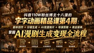 抖音110W粉丝博主十八漫的字字动画精品课第4期:剧本创作+分镜生成+剪辑+商业接单,掌握AI漫剧生成变现全流程(更新0916)-淘金日记