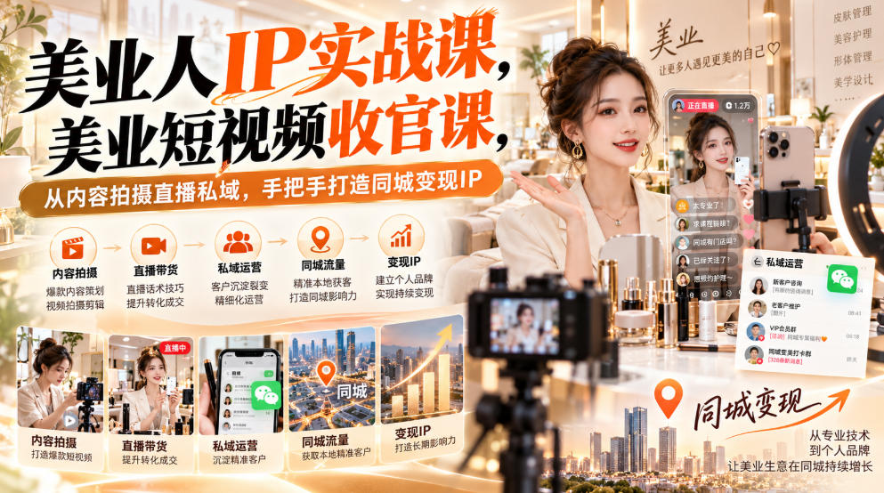 【无水印】美业人IP实战课，美业短视频收官课，从内容拍摄直播私域，手把手打造同城变现IP-淘金日记