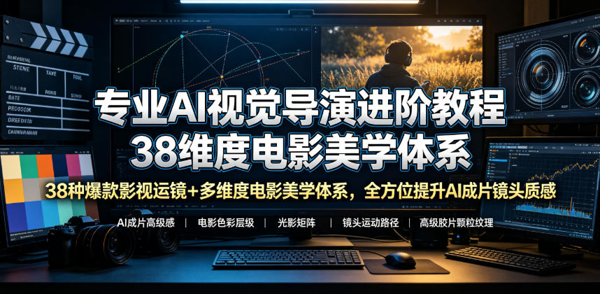 专业AI视觉导演进阶教程，38种爆款影视运镜+多维度电影美学体系，全方位提升AI成片高级感与镜头质感-淘金日记