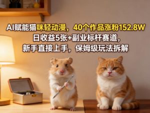 AI赋能猫咪轻动漫,40个作品涨粉152.8W,日收益5张+副业标杆赛道,新手直接上手,保姆级玩法拆解-淘金日记