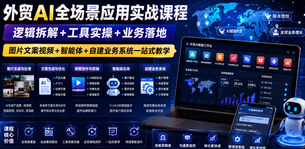 外贸AI全场景应用实战课程｜逻辑拆解+工具实操+业务落地，图片文案视频+智能体+自建业务系统一站式教学-淘金日记