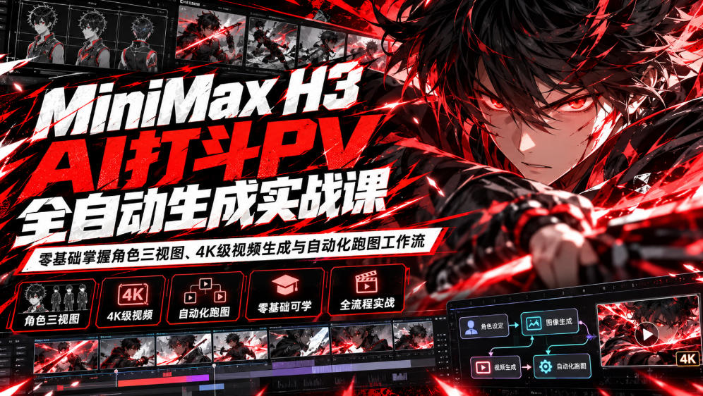 MiniMax H3 AI打斗PV全自动生成实战课：零基础掌握角色三视图、4K级视频生成与自动化跑图工作流-淘金日记