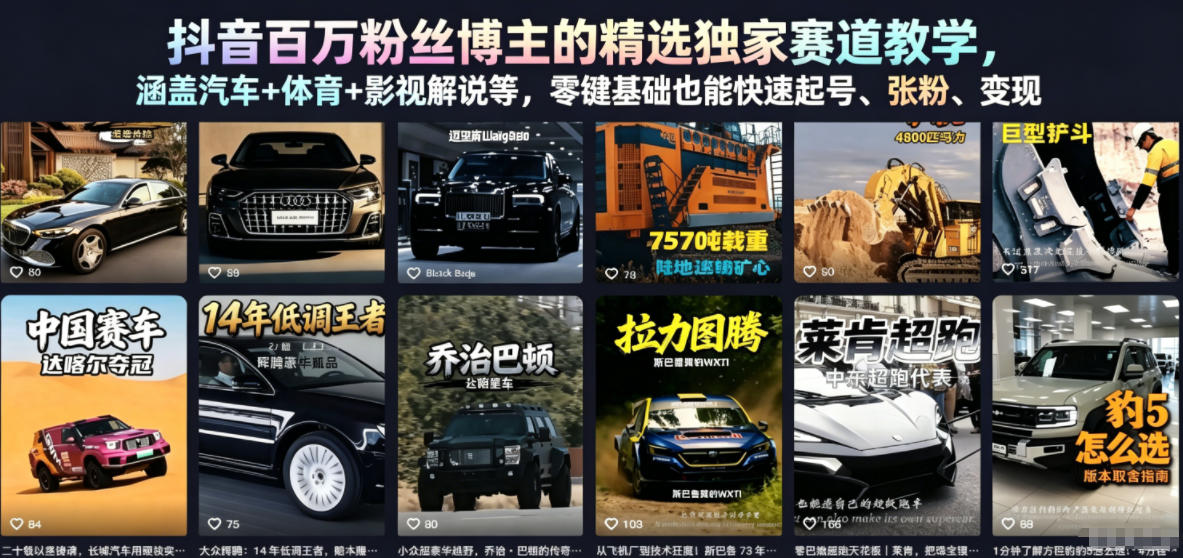 抖音百万粉丝博主的精选独家赛道教学，涵盖汽车+体育+影视解说等，零基础也能快速起号、涨粉、变现-淘金日记