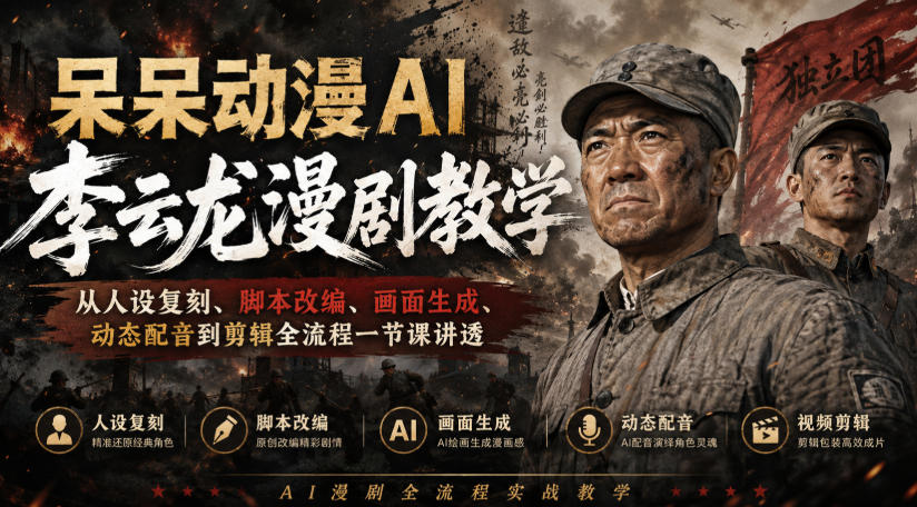 呆呆动漫AI李云龙漫剧教学，从人设复刻、脚本改编、画面生成、动态配音到剪辑全流程一节课讲透-淘金日记