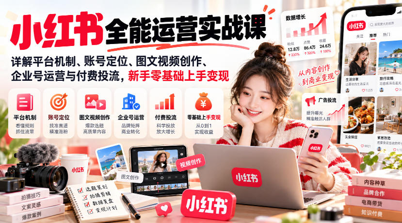 小红书全能运营实战课，详解平台机制、账号定位、图文视频创作、企业号运营与付费投流，新手零基础上手变现-淘金日记
