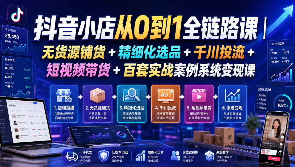 抖音小店从0到1全链路课｜无货源铺货+精细化选品+千川投流+短视频带货+百套实战案例系统变现课（2026年7月更新）-淘金日记