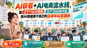 AI获客+AI电商流水线,配21个Skill模板,日产300条内容,用AI搭建属于自己的自媒体运营团队-淘金日记