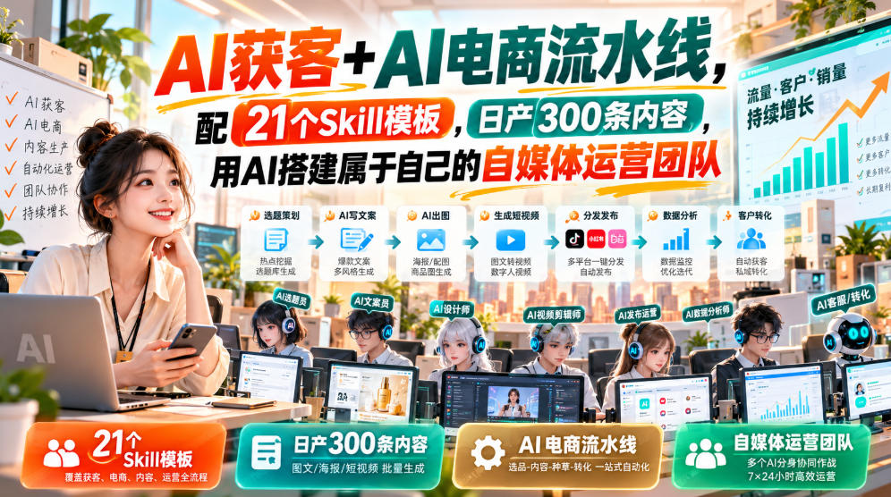 AI获客+AI电商流水线，配21个Skill模板，日产300条内容，用AI搭建属于自己的自媒体运营团队-淘金日记
