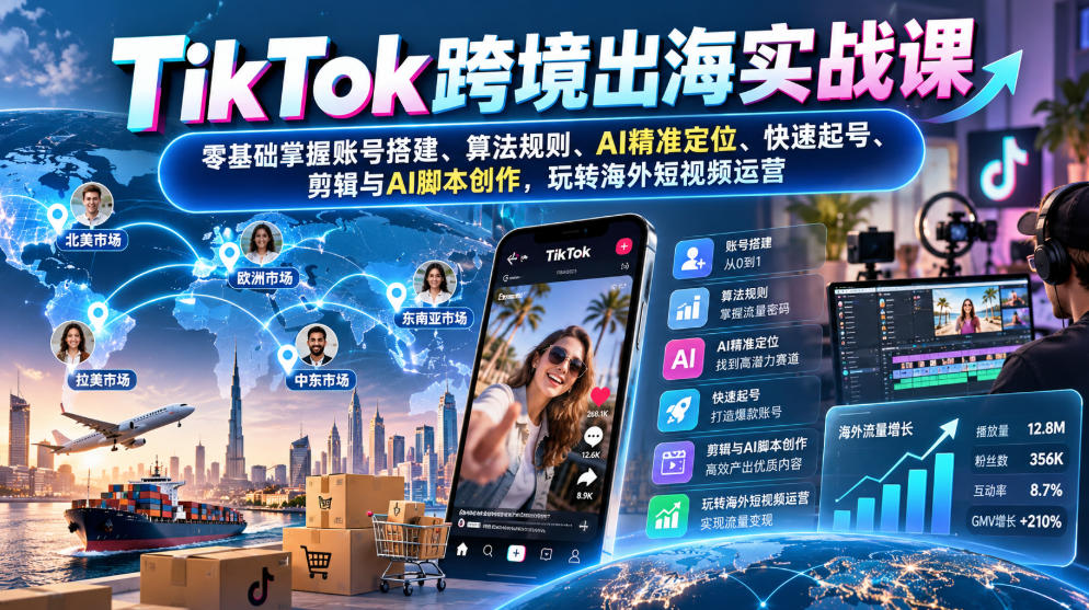 TikTok跨境出海实战课：零基础掌握账号搭建、算法规则、AI精准定位、快速起号、剪辑与AI脚本创作，玩转海外短视频运营-淘金日记