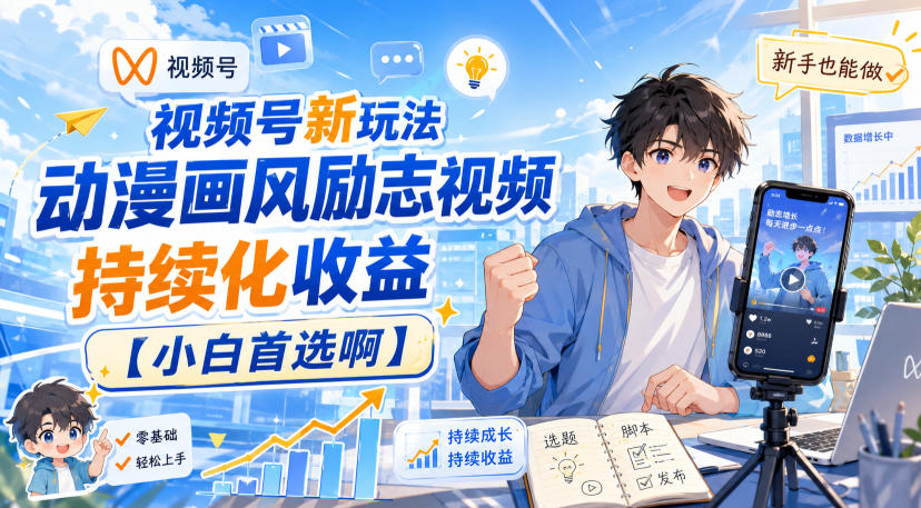 视频号新玩法动漫画风励志视频，持续化收益【小白首选啊】-淘金日记