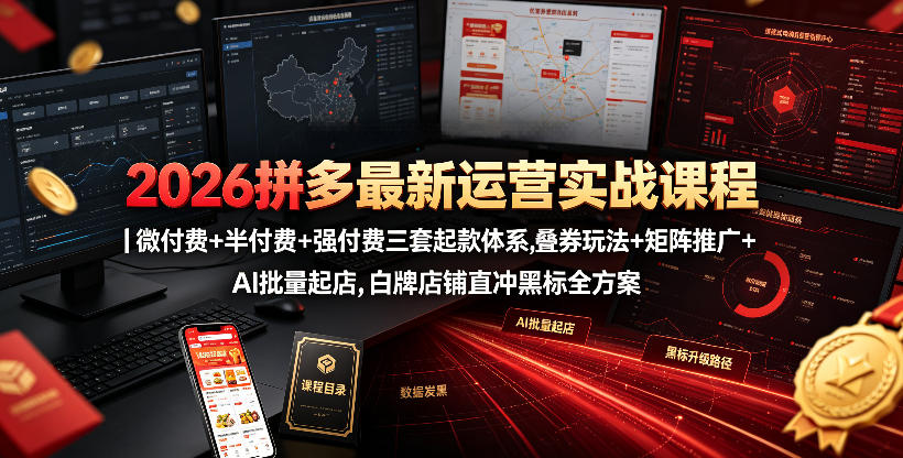 2026拼多多最新运营实战课程｜微付费+半付费+强付费三套起款体系，叠券玩法+矩阵推广+AI批量起店，白牌店铺直冲黑标全方案-淘金日记