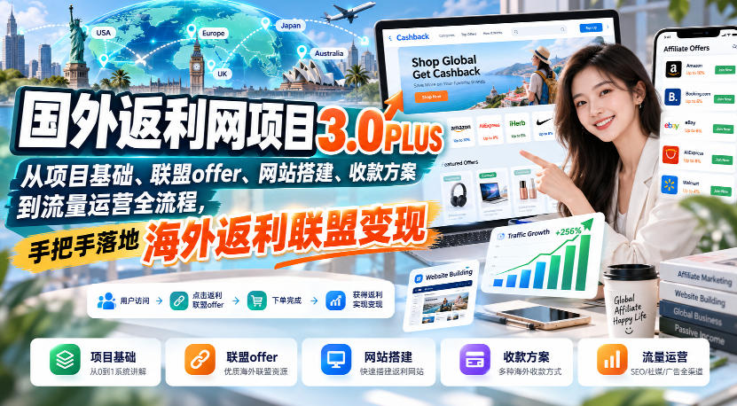 国外返利网项目3.0PLUS，从项目基础、联盟offer、网站搭建、收款方案到流量运营全流程，手把手落地海外返利联盟变现-淘金日记