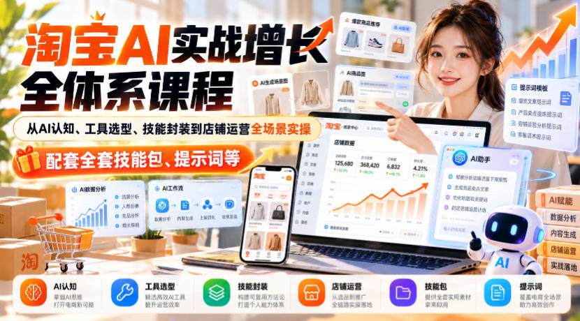 【无水印】淘宝AI实战增长全体系课程，从AI认知、工具选型、技能封装到店铺运营全场景实操，配套全套技能包、提示词等-淘金日记