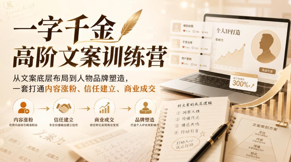 一字千金高阶文案训练营，从文案底层布局到人物品牌塑造，一套打通内容涨粉、信任建立、商业成交-淘金日记