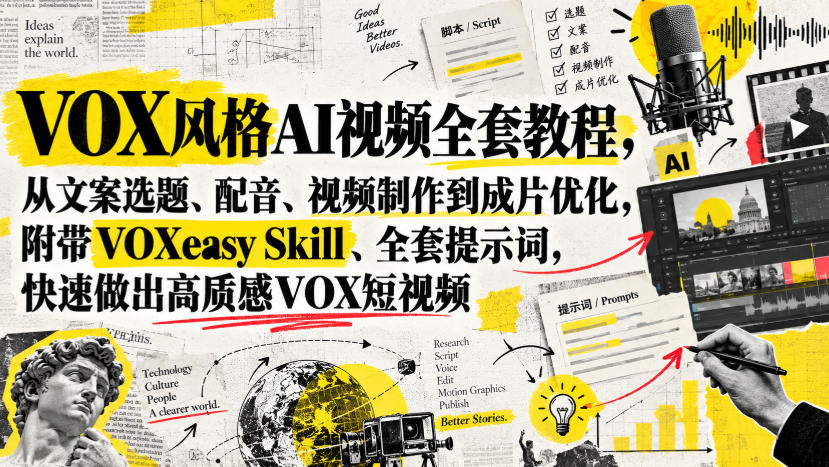 VOX风格AI视频全套教程，从文案选题、配音、视频制作到成片优化，附带VOXeasy Skill、全套提示词，快速做出高质感VOX短视频-淘金日记