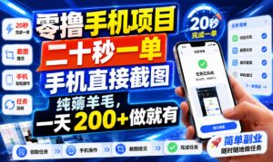 零撸手机项目,二十秒一单,手机直接截图,纯薅羊毛,一天200+做就有【揭秘】-淘金日记