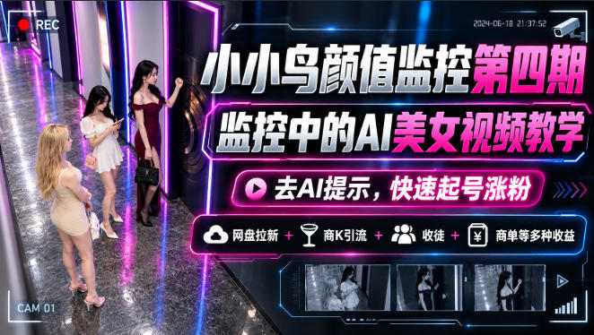 小小鸟颜值监控第四期，监控中的AI美女视频教学，去AI提示，快速起号涨粉，网盘拉新+商K引流+收徒+商单等多种收益-淘金日记