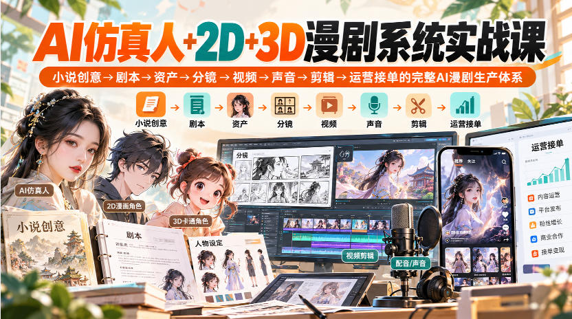 【无水印】AI仿真人+2D+3D漫剧系统实战课，小说创意→剧本→资产→分镜→视频→声音→剪辑→运营接单的完整AI漫剧生产体系-淘金日记