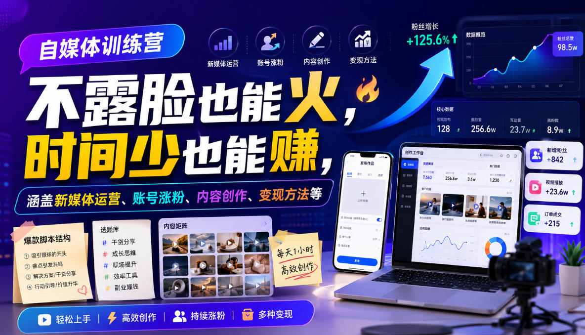 自媒体训练营，不露脸也能火，时间少也能賺，涵盖新媒体运营、账号涨粉、内容创作、变现方法等-淘金日记