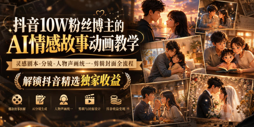 抖音10W粉丝博主的AI情感故事动画教学，灵感剧本‑分镜‑人物声画统一‑剪辑封面全流程，解锁抖音精选独家收益-淘金日记
