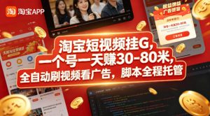 淘宝短视频挂G,一个号一天 賺30-80米,全自动刷视频看广告,脚本全程托管【揭秘】-淘金日记